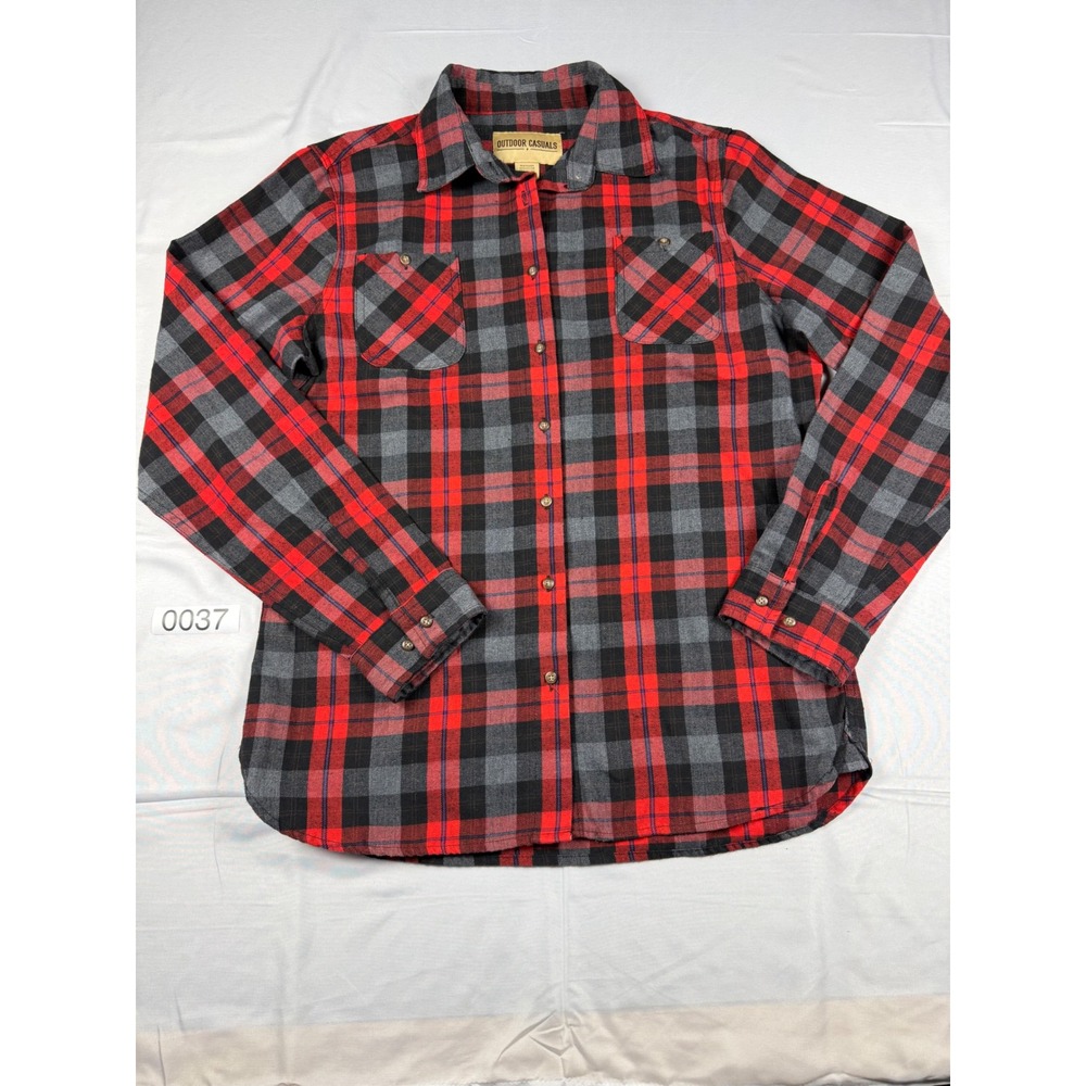 Outdoor Casuals Mens Red Black Grey Plaid Flannel Button Down Shirt Large